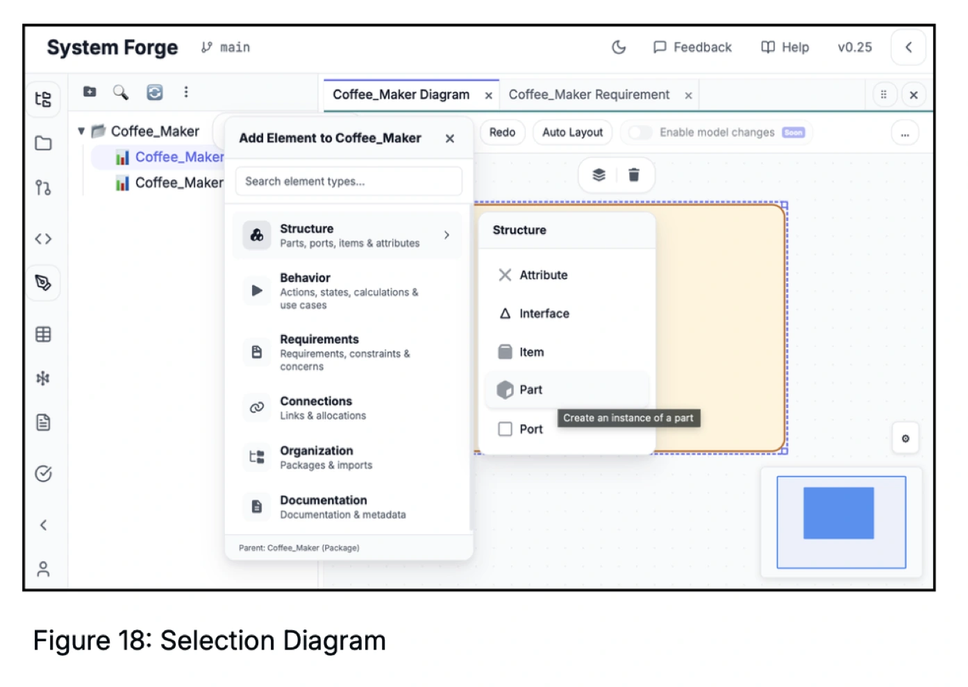System Forge element palette with category groups and tooltip